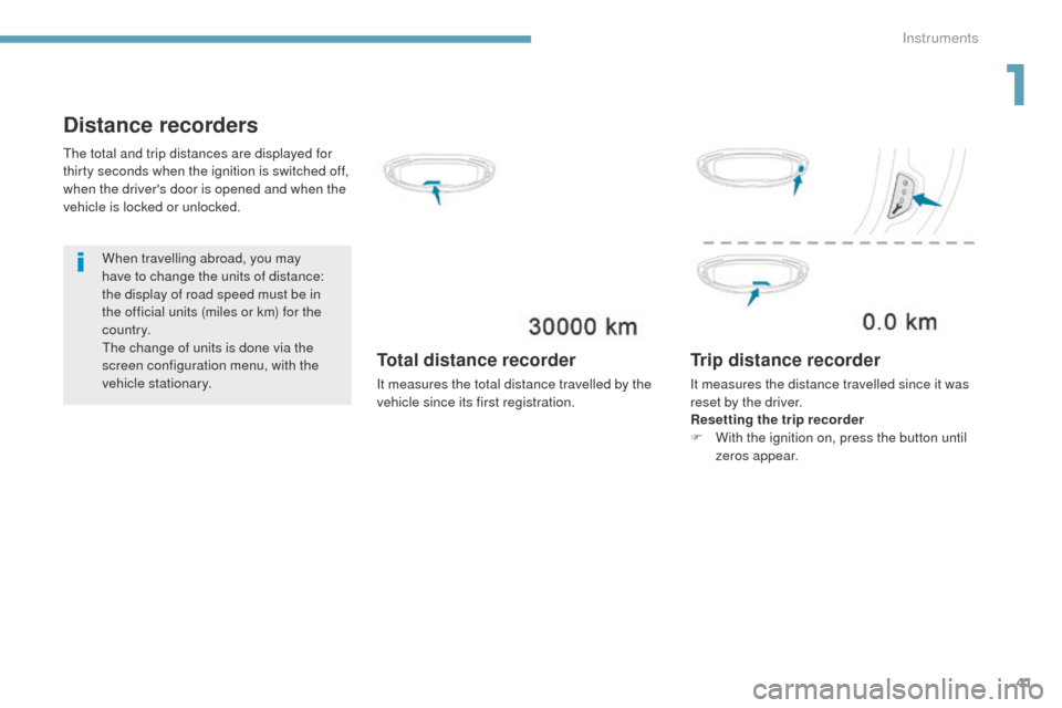 Peugeot 3008 Hybrid 4 2017  Owners Manual 41
3008-2_en_Chap01_instruments-de-bord_ed01-2016
Distance recorders
When travelling abroad, you may 
have to change the units of distance: 
the display of road speed must be in 
the official units (m