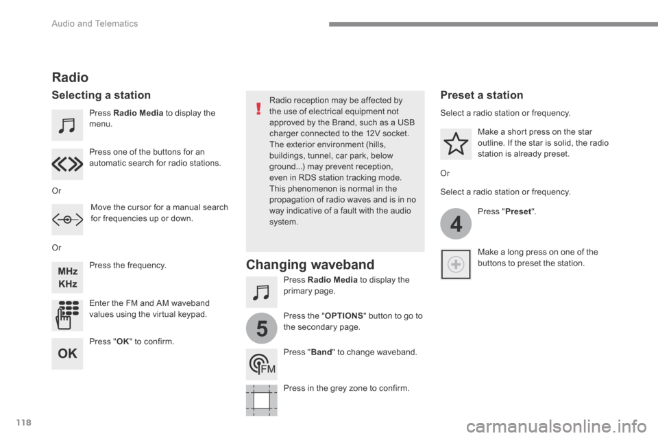 Peugeot 3008 Hybrid 4 2017  Owners Manual 118
4
5
 Audio and Telematics 
Transversal-Peugeot_en_Chap02_RCC-2-2-0_ed01-2016
  Press   Radio Media  to display the menu.  
  Press   Radio Media  to display the primary  page.  
  Press  the  freq