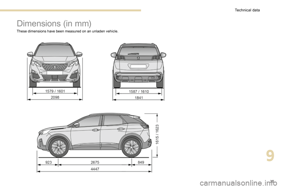 Peugeot 3008 Hybrid 4 2017  Owners Manual 23
Dimensions (in mm)
These dimensions have been measured on an unladen vehicle.
9 
Technical data  