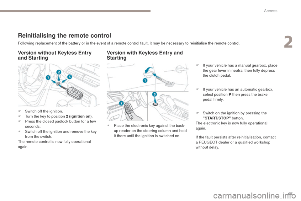 Peugeot 3008 Hybrid 4 2017  Owners Manual 67
3008-2_en_Chap02_ouvertures_ed01-2016
Following replacement of the battery or in the event of a remote control fault, it may be necessary to reinitialise the remote control.
Version with Keyless En