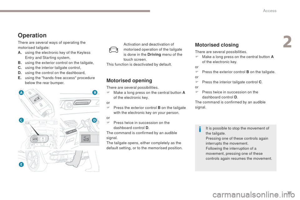 Peugeot 3008 Hybrid 4 2017 Manual PDF 77
3008-2_en_Chap02_ouvertures_ed01-2016
Operation
There are several ways of operating the 
motorised tailgate:
A.
 u
sing the electronic key of the Keyless 
Entry and Starting system,
B.
 u

sing the