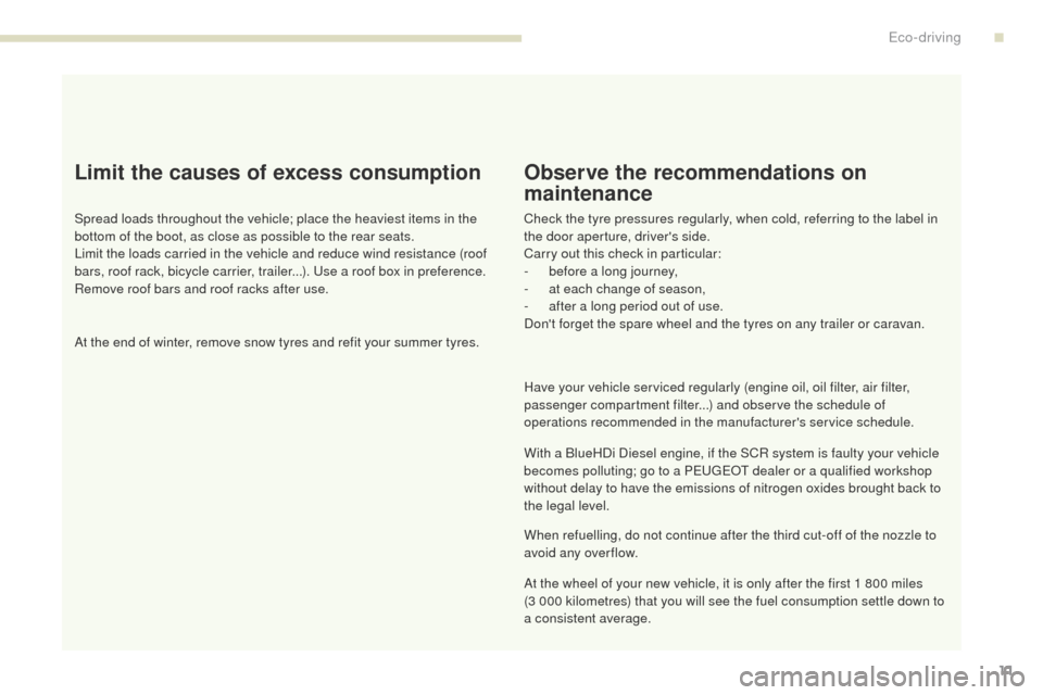 Peugeot 3008 Hybrid 4 2017  Owners Manual - RHD (UK. Australia) 3008-2_en_Chap00c_eco-conduite_ed01-2016
11
Limit the causes of excess consumption
Spread loads throughout the vehicle; place the heaviest items in the 
bottom of the boot, as close as possible to the