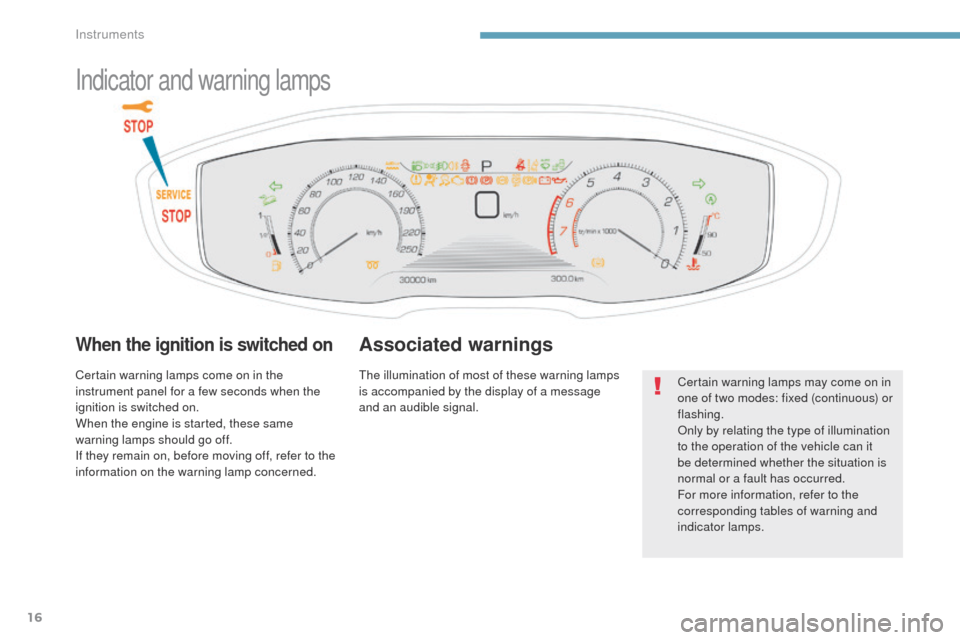 Peugeot 3008 Hybrid 4 2017  Owners Manual - RHD (UK. Australia) 16
3008-2_en_Chap01_instruments-de-bord_ed01-2016
Indicator and warning lamps
When the ignition is switched on
Certain warning lamps come on in the 
instrument panel for a few seconds when the 
igniti