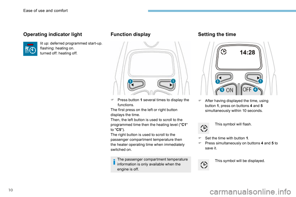 Peugeot 3008 Hybrid 4 2017 Owners Manual - RHD (UK. Australia) 10
lit up: deferred programmed start-up.
flashing: heating on.
turned off: heating off.
Operating indicator light
F Press button 1 several times to display the
functions.
The first press on the left Peugeot 3008 Hybrid 4 2017 Owners Manual - RHD (UK. Australia) 10
lit up: deferred programmed start-up.
flashing: heating on.
turned off: heating off.
Operating indicator light
F Press button 1 several times to display the
functions.
The first press on the left