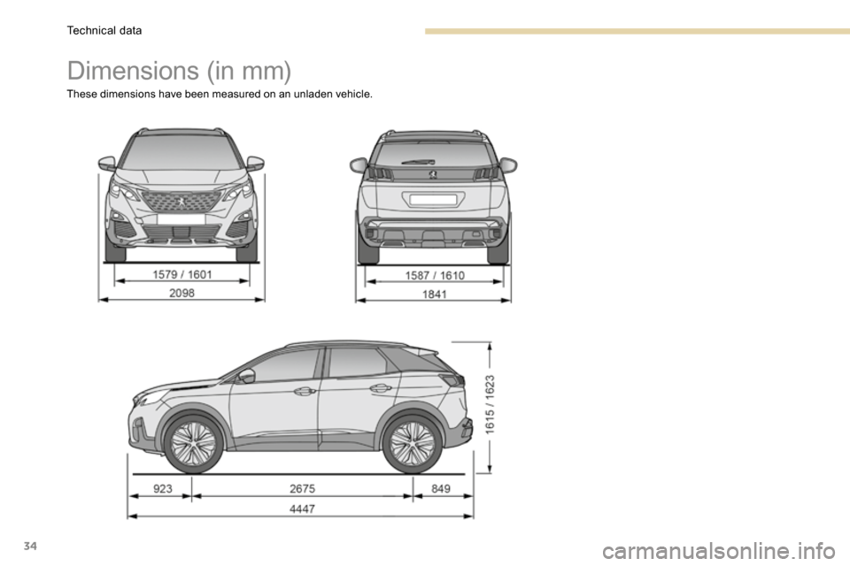 Peugeot 3008 Hybrid 4 2017  Owners Manual - RHD (UK. Australia) 34
Dimensions (in mm)
These dimensions have been measured on an unladen vehicle. 
Technical data  