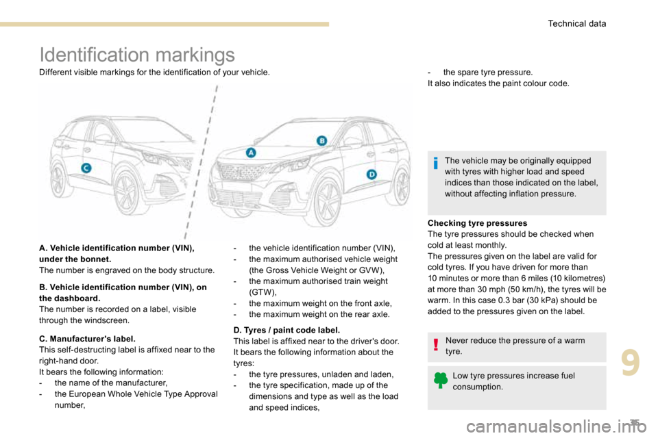 Peugeot 3008 Hybrid 4 2017  Owners Manual - RHD (UK. Australia) 35
Identification markings
Different visible markings for the identification of your vehicle.
A. Vehicle identification number (VIN), 
under the bonnet.
The number is engraved on the body structure.
B