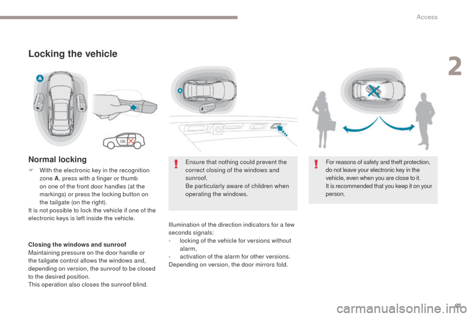 Peugeot 3008 Hybrid 4 2017  Owners Manual - RHD (UK. Australia) 61
3008-2_en_Chap02_ouvertures_ed01-2016
Ensure that nothing could prevent the 
correct closing of the windows and 
sunroof.
Be particularly aware of children when 
operating the windows.
Illumination