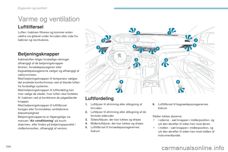 Peugeot 3008 Hybrid 4 2017 Instruktionsbog (in Danish) 104
3008-2_da_Chap03_ergonomie-et-confort_ed01-2016
Varme og ventilation
Lufttilførsel
Luften i kabinen filtreres og kommer enten
udefra via gitteret under forruden eller inde fra
kabinen og recirk Peugeot 3008 Hybrid 4 2017 Instruktionsbog (in Danish) 104
3008-2_da_Chap03_ergonomie-et-confort_ed01-2016
Varme og ventilation
Lufttilførsel
Luften i kabinen filtreres og kommer enten
udefra via gitteret under forruden eller inde fra
kabinen og recirk