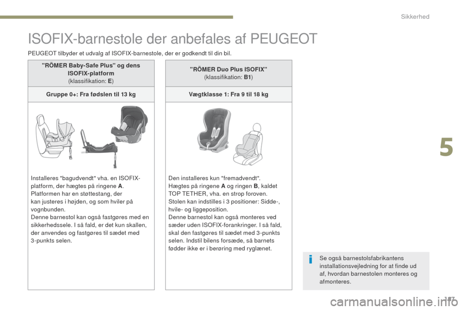 Peugeot 3008 Hybrid 4 2017 Instruktionsbog (in Danish) 187
3008-2_da_Chap05_securite_ed01-2016
ISoFIX-barnestole der anbefales af Peugeot
Peugeot tilbyder et udvalg af ISoF IX-barnestole, der er godkendt til din bil.
Se også barnestolsfabrikantens
insta Peugeot 3008 Hybrid 4 2017 Instruktionsbog (in Danish) 187
3008-2_da_Chap05_securite_ed01-2016
ISoFIX-barnestole der anbefales af Peugeot
Peugeot tilbyder et udvalg af ISoF IX-barnestole, der er godkendt til din bil.
Se også barnestolsfabrikantens
insta