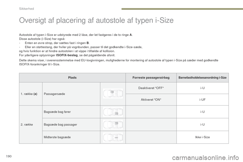 Peugeot 3008 Hybrid 4 2017 Instruktionsbog (in Danish) 190
3008-2_da_Chap05_securite_ed01-2016
oversigt af placering af autostole af typen i-Size
Autostole af typen i-Size er udstyrede med 2 låse, der let fastgøres i de to ringe A.
Disse autostole (i-Si Peugeot 3008 Hybrid 4 2017 Instruktionsbog (in Danish) 190
3008-2_da_Chap05_securite_ed01-2016
oversigt af placering af autostole af typen i-Size
Autostole af typen i-Size er udstyrede med 2 låse, der let fastgøres i de to ringe A.
Disse autostole (i-Si