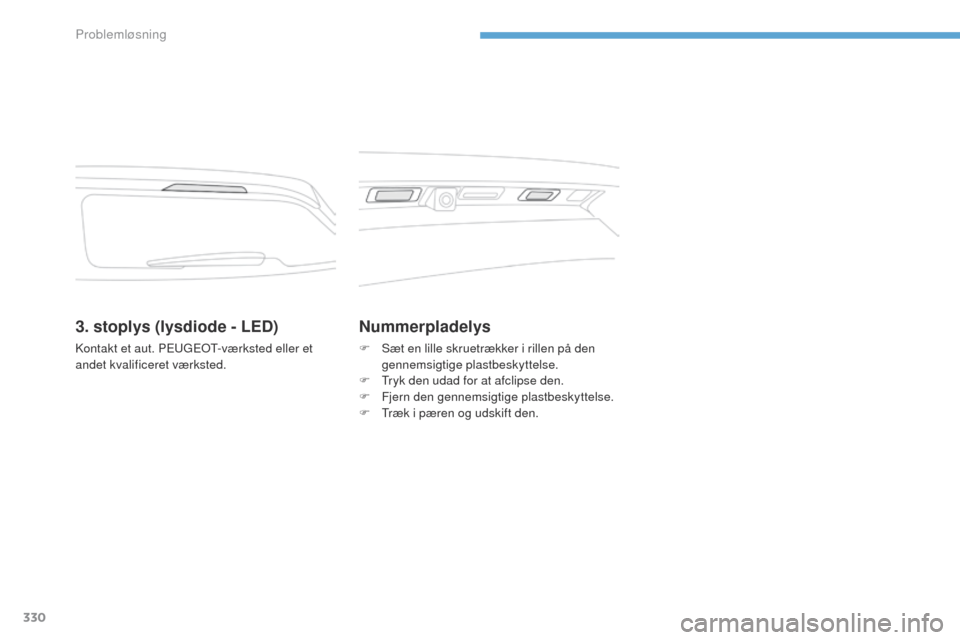 Peugeot 3008 Hybrid 4 2017 Instruktionsbog (in Danish) 330
3008-2_da_Chap08_en cas-de-panne_ed01-2016
3. stoplys (lysdiode - LED)
Kontakt et aut. Peugeot- værksted eller et
andet kvalificeret værksted.
Nummerpladelys
F Sæt en lille skruetrækker i ril Peugeot 3008 Hybrid 4 2017 Instruktionsbog (in Danish) 330
3008-2_da_Chap08_en cas-de-panne_ed01-2016
3. stoplys (lysdiode - LED)
Kontakt et aut. Peugeot- værksted eller et
andet kvalificeret værksted.
Nummerpladelys
F Sæt en lille skruetrækker i ril