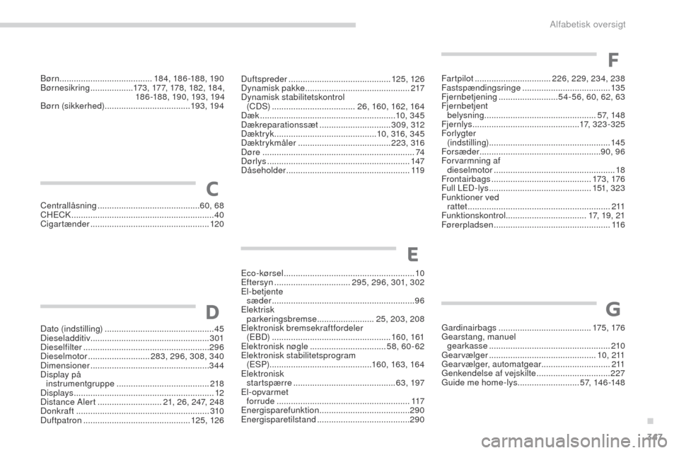 Peugeot 3008 Hybrid 4 2017 Instruktionsbog (in Danish) 347
3008-2_da_Chap11_index-alpha_ed01-2016
Duftspreder ........................................... 125, 126
Dynamisk pakke ............................................ 217
Dynamisk stabilitetskontrol Peugeot 3008 Hybrid 4 2017 Instruktionsbog (in Danish) 347
3008-2_da_Chap11_index-alpha_ed01-2016
Duftspreder ........................................... 125, 126
Dynamisk pakke ............................................ 217
Dynamisk stabilitetskontrol