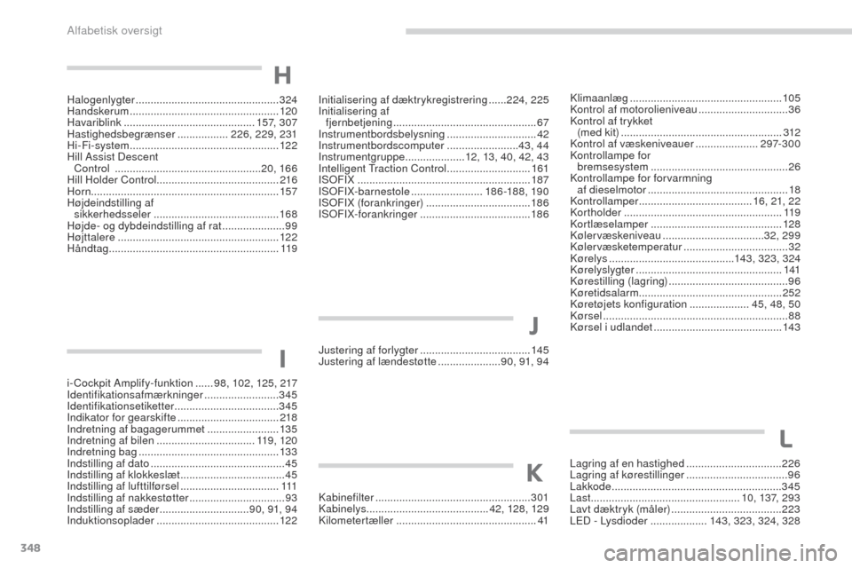 Peugeot 3008 Hybrid 4 2017  Instruktionsbog (in Danish) 348
3008-2_da_Chap11_index-alpha_ed01-2016
Initialisering af dæktrykregistrering ......224 , 225
Initialisering af   fjernbetjening
 

................................................ 67
Instrumentbo