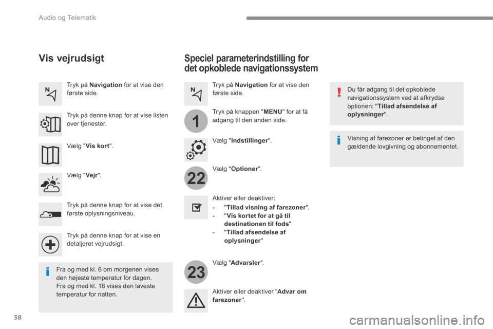 Peugeot 3008 Hybrid 4 2017 Instruktionsbog (in Danish) 38
22
23
1
Audio og Telematik
Transversal-Peugeot_da_Chap01_NAC-2-2-0_ed01-2016
Speciel parameterindstilling for
det opkoblede navigationssystem
Du får adgang til det opkoblede navigationss Peugeot 3008 Hybrid 4 2017 Instruktionsbog (in Danish) 38
22
23
1
Audio og Telematik
Transversal-Peugeot_da_Chap01_NAC-2-2-0_ed01-2016
Speciel parameterindstilling for
det opkoblede navigationssystem
Du får adgang til det opkoblede navigationss