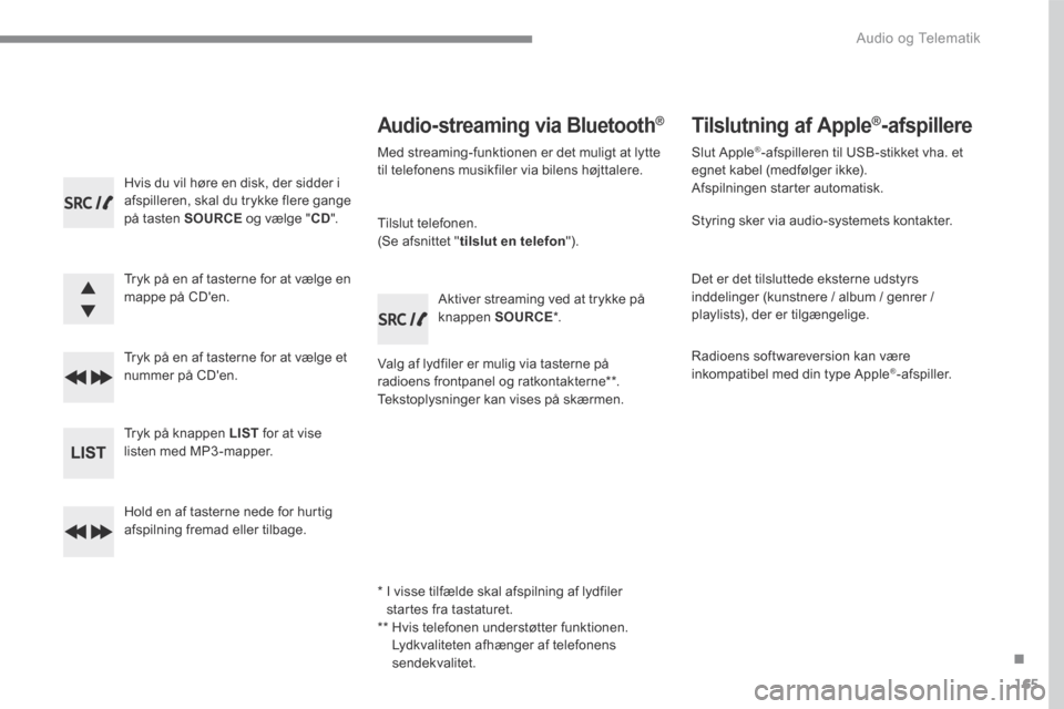 Peugeot 3008 Hybrid 4 2017 Instruktionsbog (in Danish) 165
.
Audio og Telematik
Transversal-Peugeot_da_Chap03_RD6_ed01-2016
Hvis du vil høre en disk, der sidder i afspilleren, skal du trykke flere gange på tasten SOURCE og vælge "CD".
Tryk på Peugeot 3008 Hybrid 4 2017 Instruktionsbog (in Danish) 165
.
Audio og Telematik
Transversal-Peugeot_da_Chap03_RD6_ed01-2016
Hvis du vil høre en disk, der sidder i afspilleren, skal du trykke flere gange på tasten SOURCE og vælge "CD".
Tryk på