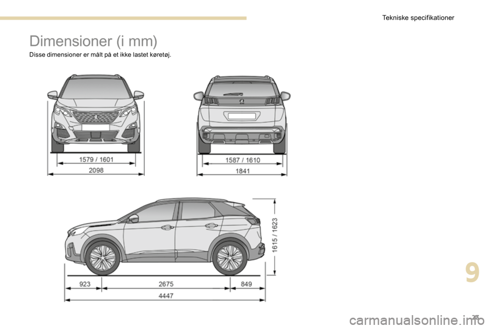 Peugeot 3008 Hybrid 4 2017  Instruktionsbog (in Danish) 23
Dimensioner (i mm)
Disse dimensioner er målt på et ikke lastet køretøj.
9 
Tekniske specifikationer  