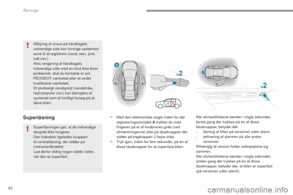 Peugeot 3008 Hybrid 4 2017 Instruktionsbog (in Danish) 62
3008-2_da_Chap02_ouvertures_ed01-2016
Aflejring af snavs på håndtagets
indvendige side kan forringe systemets
evne til at registrere (vand, støv, jord,
s a l t o sv.) .
Hvis rengøring af hå Peugeot 3008 Hybrid 4 2017 Instruktionsbog (in Danish) 62
3008-2_da_Chap02_ouvertures_ed01-2016
Aflejring af snavs på håndtagets
indvendige side kan forringe systemets
evne til at registrere (vand, støv, jord,
s a l t o sv.) .
Hvis rengøring af hå