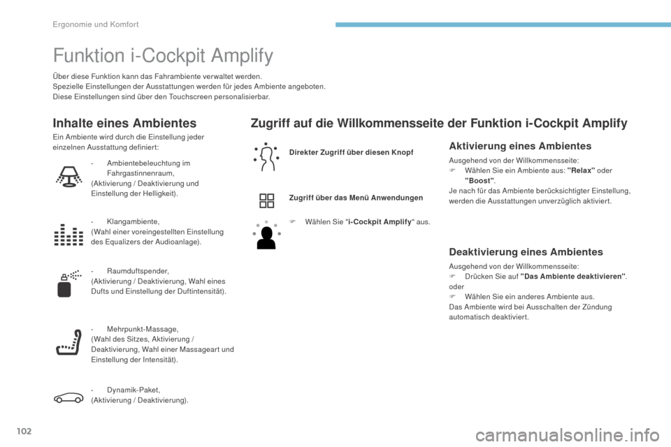Peugeot 3008 Hybrid 4 2017  Betriebsanleitung (in German) 102
3008-2_de_Chap03_ergonomie-et-confort_ed01-2016
Funktion i-Cockpit Amplify
Über diese Funktion kann das Fahrambiente verwaltet werden.
Spezielle Einstellungen der Ausstattungen werden für jedes 