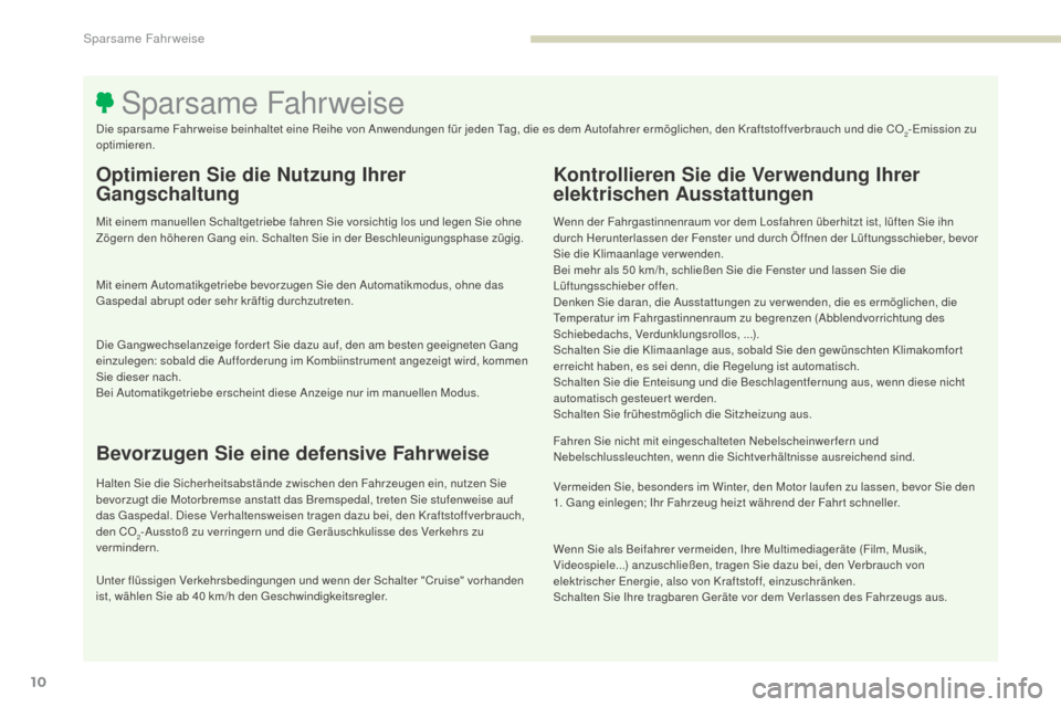 Peugeot 3008 Hybrid 4 2017 Betriebsanleitung (in German) 3008-2_de_Chap00c_eco-conduite_ed01-2016
10
Optimieren Sie die Nutzung Ihrer
Gangschaltung
Mit einem manuellen Schaltgetriebe fahren Sie vorsichtig los und legen Sie ohne
Zögern den höheren Gang e Peugeot 3008 Hybrid 4 2017 Betriebsanleitung (in German) 3008-2_de_Chap00c_eco-conduite_ed01-2016
10
Optimieren Sie die Nutzung Ihrer
Gangschaltung
Mit einem manuellen Schaltgetriebe fahren Sie vorsichtig los und legen Sie ohne
Zögern den höheren Gang e