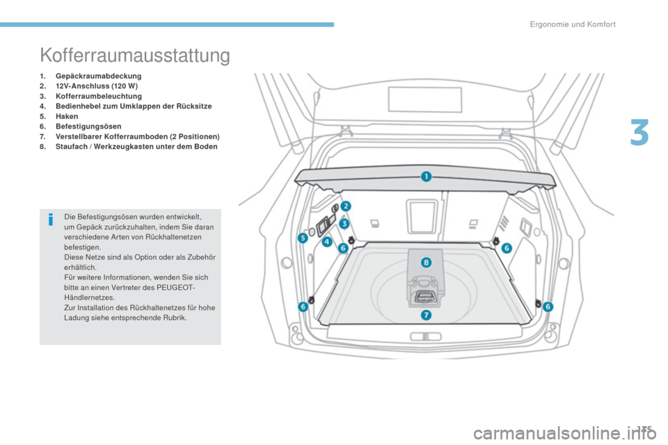 Peugeot 3008 Hybrid 4 2017 Betriebsanleitung (in German) 135
3008-2_de_Chap03_ergonomie-et-confort_ed01-2016
Kofferraumausstattung
1. Gepäckraumabdeckung
2. 1 2V-Anschluss (120 W)
3.
K
offerraumbeleuchtung
4.
B
edienhebel zum Umklappen der Rücksitze
Peugeot 3008 Hybrid 4 2017 Betriebsanleitung (in German) 135
3008-2_de_Chap03_ergonomie-et-confort_ed01-2016
Kofferraumausstattung
1. Gepäckraumabdeckung
2. 1 2V-Anschluss (120 W)
3.
K
offerraumbeleuchtung
4.
B
edienhebel zum Umklappen der Rücksitze
