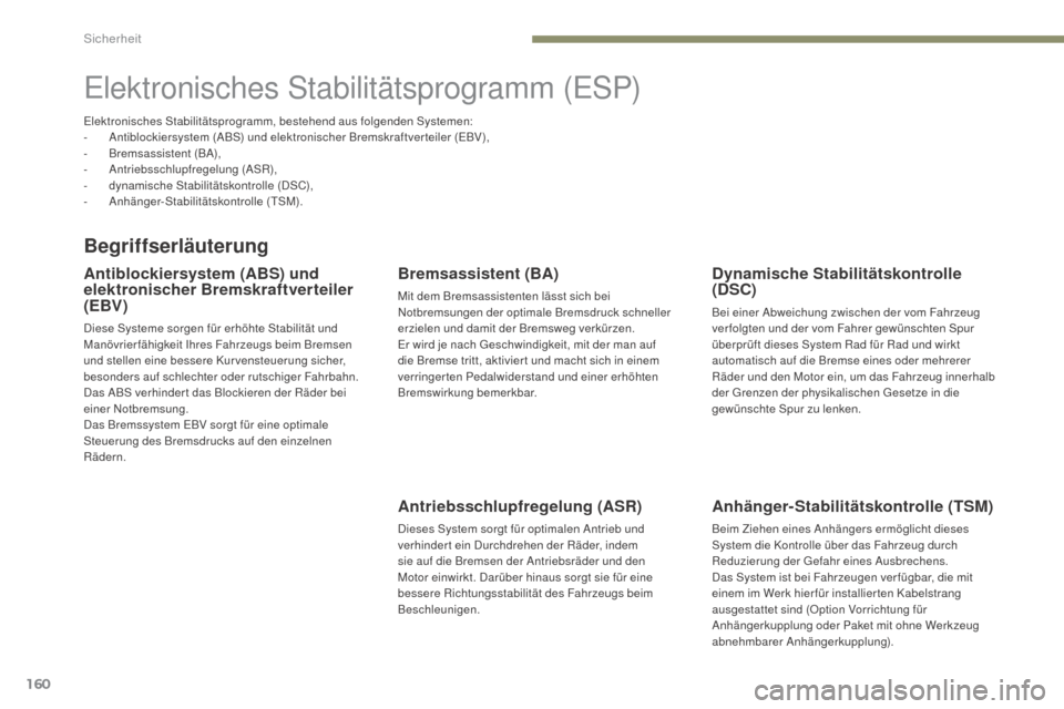 Peugeot 3008 Hybrid 4 2017  Betriebsanleitung (in German) 160
3008-2_de_Chap05_securite_ed01-2016
Elektronisches Stabilitätsprogramm (ESP)
Begriffserläuterung
Antiblockiersystem (ABS) und 
elektronischer Bremskraftverteiler 
(EBV)
Diese Systeme sorgen für