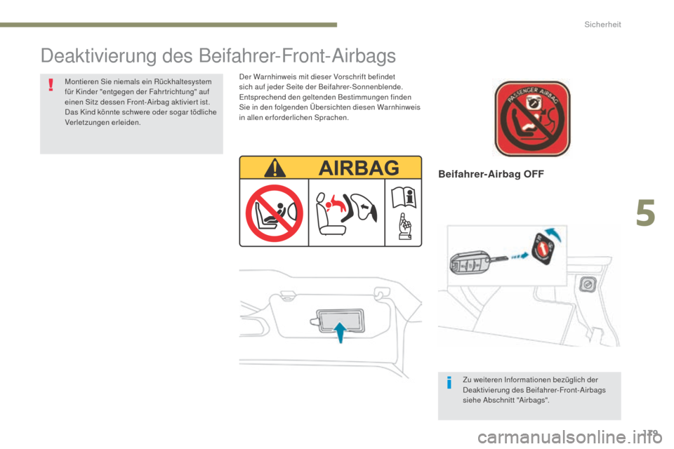 Peugeot 3008 Hybrid 4 2017  Betriebsanleitung (in German) 179
3008-2_de_Chap05_securite_ed01-2016
Beifahrer-Airbag OFF
Deaktivierung des Beifahrer-Front-Airbags
Der Warnhinweis mit dieser Vorschrift befindet 
sich auf jeder Seite der Beifahrer-Sonnenblende. 