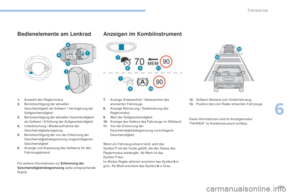 Peugeot 3008 Hybrid 4 2017  Betriebsanleitung (in German) 239
3008-2_de_Chap06_conduite_ed01-2016
Bedienelemente am Lenkrad
1. Auswahl des Reglermodus
2. B erücksichtigung der aktuellen 
Geschwindigkeit als Sollwer t / Verringerung der 
Sollgeschwindigkeit
