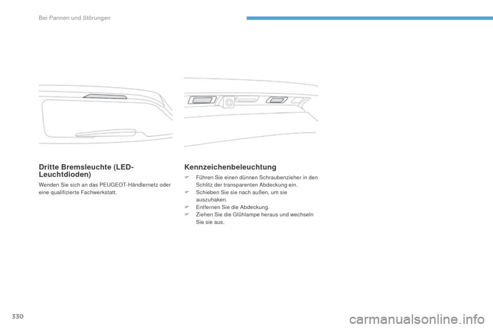 Peugeot 3008 Hybrid 4 2017 Betriebsanleitung (in German) 330
3008-2_de_Chap08_en cas-de-panne_ed01-2016
Dritte Bremsleuchte (LED-
Leuchtdioden)
Wenden Sie sich an das PEUGEOT-Händlernetz oder
eine qualifizierte Fachwerkstatt.
Kennzeichenbeleuchtung
F Füh Peugeot 3008 Hybrid 4 2017 Betriebsanleitung (in German) 330
3008-2_de_Chap08_en cas-de-panne_ed01-2016
Dritte Bremsleuchte (LED-
Leuchtdioden)
Wenden Sie sich an das PEUGEOT-Händlernetz oder
eine qualifizierte Fachwerkstatt.
Kennzeichenbeleuchtung
F Füh