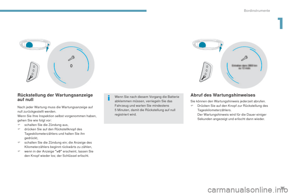 Peugeot 3008 Hybrid 4 2017  Betriebsanleitung (in German) 35
3008-2_de_Chap01_instruments-de-bord_ed01-2016
Rückstellung der Wartungsanzeige 
auf nullWenn Sie nach diesem Vorgang die Batterie 
abklemmen müssen, verriegeln Sie das 
Fahrzeug und war ten Sie 