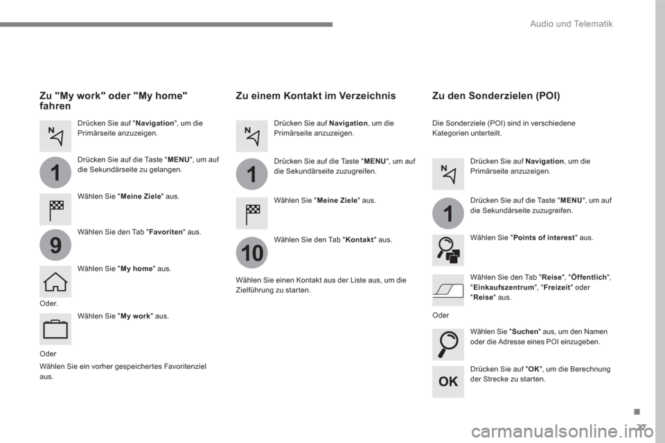 Peugeot 3008 Hybrid 4 2017  Betriebsanleitung (in German) 27
.
1
10
1
1
9
  Audio und Telematik 
 
 
Oder  
 
 
 
Zu einem Kontakt im Verzeichnis  
 
 
Wählen Sie " Meine Ziele 
" aus.  
   
Wählen Sie den Tab " Kontakt 
" aus.      
Drücken Sie auf  Navi