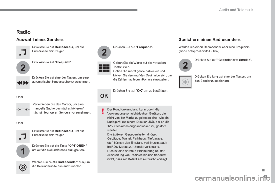 Peugeot 3008 Hybrid 4 2017  Betriebsanleitung (in German) 63
.
1
2
2
2
  Audio und Telematik 
 
 
Drücken Sie auf  Radio Media 
, um die 
Primärseite anzuzeigen.  
   
Drücken Sie auf die Taste " OPTIONEN 
", 
um auf die Sekundärseite zuzugreifen.      
