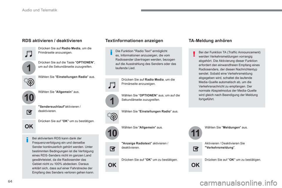 Peugeot 3008 Hybrid 4 2017  Betriebsanleitung (in German) 64
1
110
1011
  Audio und Telematik 
 
 
Drücken Sie auf  Radio Media 
, um die 
Primärseite anzuzeigen.  
   
Drücken Sie auf  Radio Media 
, um die 
Primärseite anzuzeigen.      
Drücken Sie au