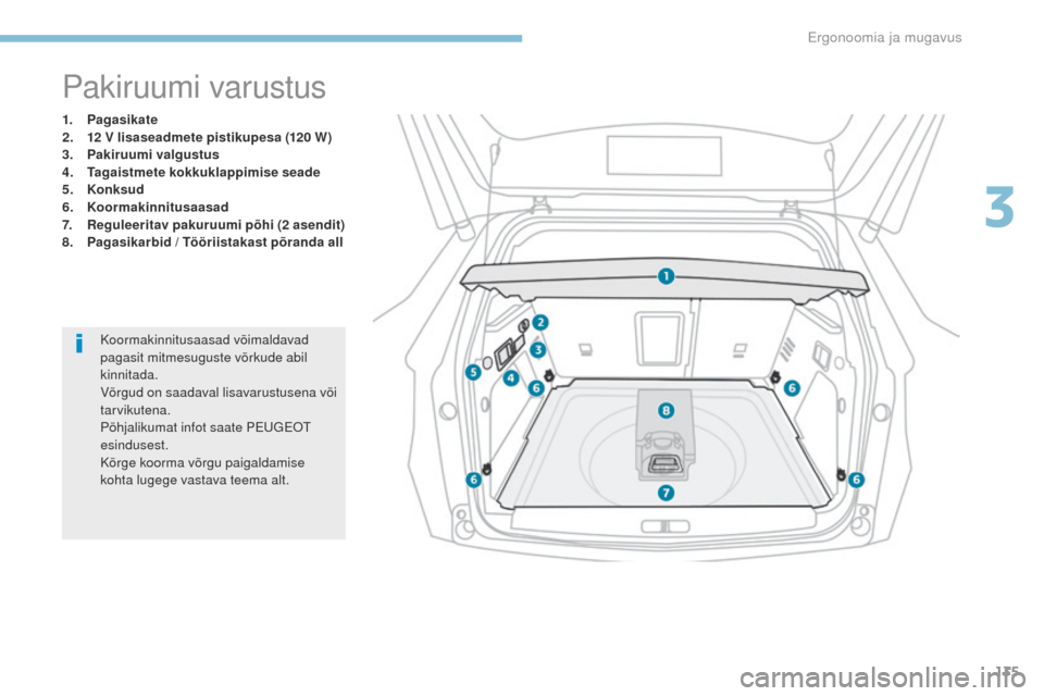Peugeot 3008 Hybrid 4 2017  Omaniku käsiraamat (in Estonian) 135
3008-2_et_Chap03_ergonomie-et-confort_ed01-2016
Pakiruumi varustus
1. Pagasikate
2. 12 V lisaseadmete pistikupesa (120 W)
3.
 P

akiruumi valgustus
4.
 T

agaistmete kokkuklappimise seade
5.
 K

o