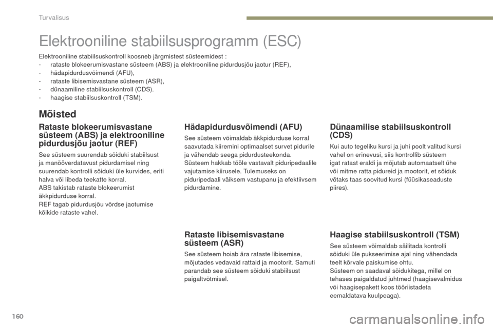 Peugeot 3008 Hybrid 4 2017  Omaniku käsiraamat (in Estonian) 160
3008-2_et_Chap05_securite_ed01-2016
Elektrooniline stabiilsusprogramm (ESC)
Mõisted
Rataste blokeerumisvastane 
süsteem (ABS) ja elektrooniline 
pidurdusjõu jaotur (REF)
See süsteem suurendab 