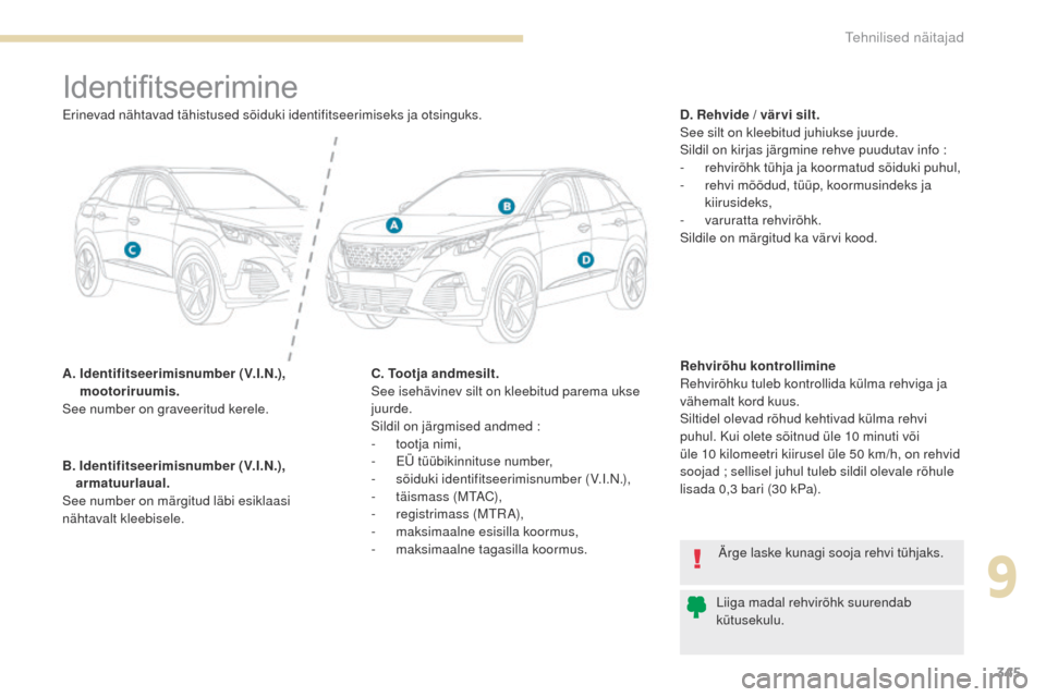 Peugeot 3008 Hybrid 4 2017 Omaniku käsiraamat (in Estonian) 345
3008-2_et_Chap09_caracteristiques_ed01-2016
Identifitseerimine
A. Identifitseerimisnumber (V.I.N.), mootoriruumis.
See number on graveeritud kerele. D. Rehvide / vär vi silt.
See silt on kleebit Peugeot 3008 Hybrid 4 2017 Omaniku käsiraamat (in Estonian) 345
3008-2_et_Chap09_caracteristiques_ed01-2016
Identifitseerimine
A. Identifitseerimisnumber (V.I.N.), mootoriruumis.
See number on graveeritud kerele. D. Rehvide / vär vi silt.
See silt on kleebit