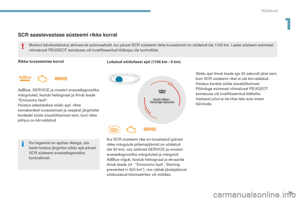 Peugeot 3008 Hybrid 4 2017  Omaniku käsiraamat (in Estonian) 39
3008-2_et_Chap01_instruments-de-bord_ed01-2016
SCR saastevastase süsteemi rikke korral
Rikke tuvastamise korral
AdBlue, SERVICE ja mootori enesediagnostika 
märgutuled, kostub helisignaal ja ilmu