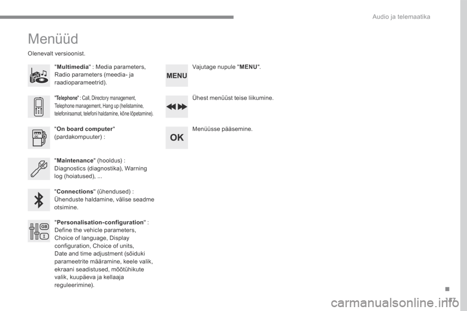 Peugeot 3008 Hybrid 4 2017 Omaniku käsiraamat (in Estonian) 157
.
Audio ja telemaatika
Transversal-Peugeot_et_Chap03_RD6_ed01-2016
Menüüd
" Multimedia " : Media parameters, Radio parameters (meedia- ja raadioparameetrid).
Olenevalt versioon Peugeot 3008 Hybrid 4 2017 Omaniku käsiraamat (in Estonian) 157
.
Audio ja telemaatika
Transversal-Peugeot_et_Chap03_RD6_ed01-2016
Menüüd
" Multimedia " : Media parameters, Radio parameters (meedia- ja raadioparameetrid).
Olenevalt versioon