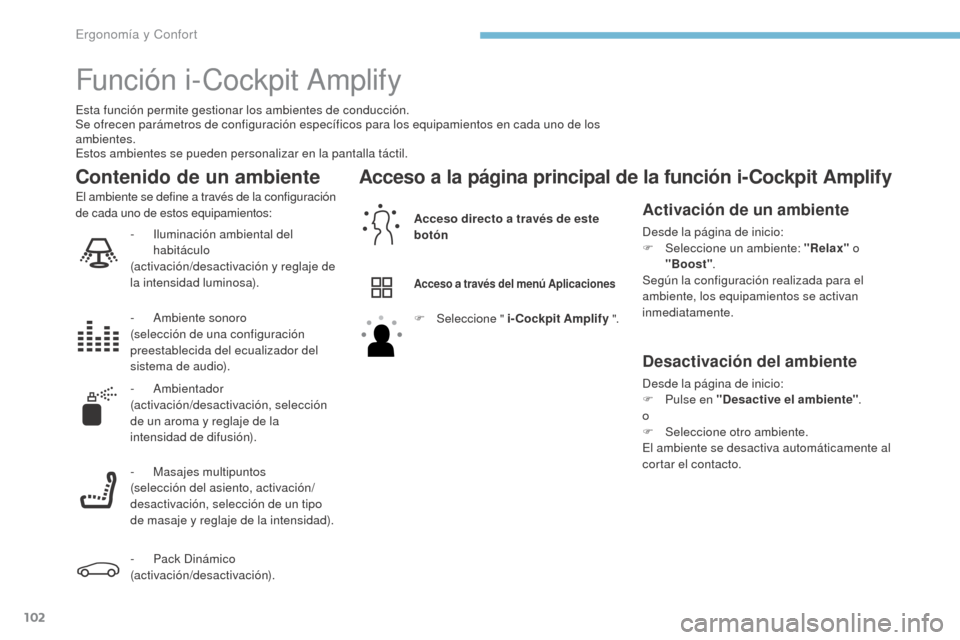 Peugeot 3008 Hybrid 4 2017 Manual del propietario (in Spanish) 102
3008-2_es_Chap03_ergonomie-et-confort_ed01-2016
Función i-Cockpit Amplify
Esta función permite gestionar los ambientes de conducción.
Se ofrecen parámetros de configuración específicos para Peugeot 3008 Hybrid 4 2017 Manual del propietario (in Spanish) 102
3008-2_es_Chap03_ergonomie-et-confort_ed01-2016
Función i-Cockpit Amplify
Esta función permite gestionar los ambientes de conducción.
Se ofrecen parámetros de configuración específicos para