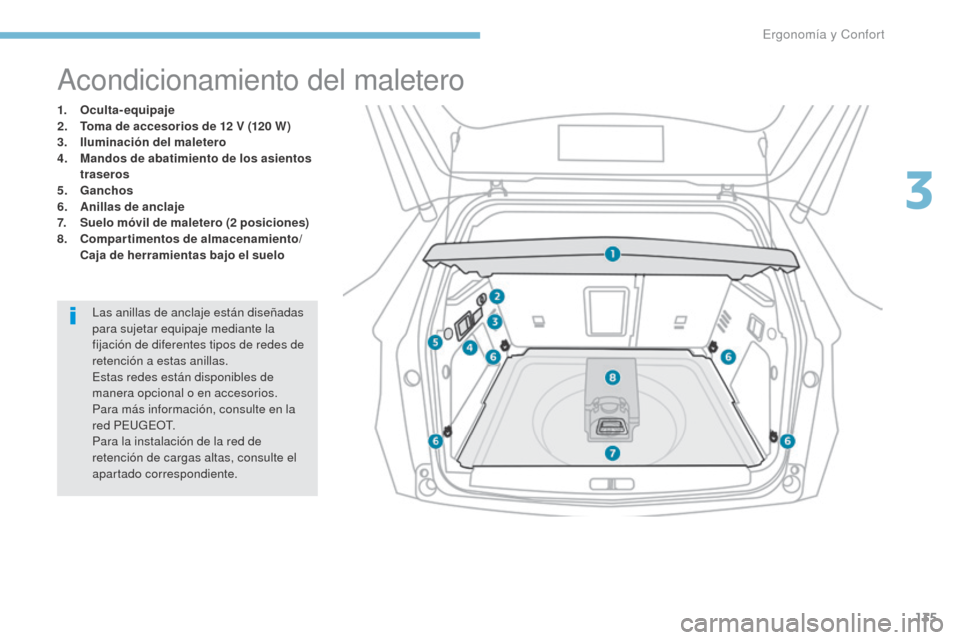 Peugeot 3008 Hybrid 4 2017 Manual del propietario (in Spanish) 135
3008-2_es_Chap03_ergonomie-et-confort_ed01-2016
Acondicionamiento del maletero
1. Oculta-equipaje
2. Toma de accesorios de 12 V (120 W )
3.
I
luminación del maletero
4.
M
andos de abatimie Peugeot 3008 Hybrid 4 2017 Manual del propietario (in Spanish) 135
3008-2_es_Chap03_ergonomie-et-confort_ed01-2016
Acondicionamiento del maletero
1. Oculta-equipaje
2. Toma de accesorios de 12 V (120 W )
3.
I
luminación del maletero
4.
M
andos de abatimie