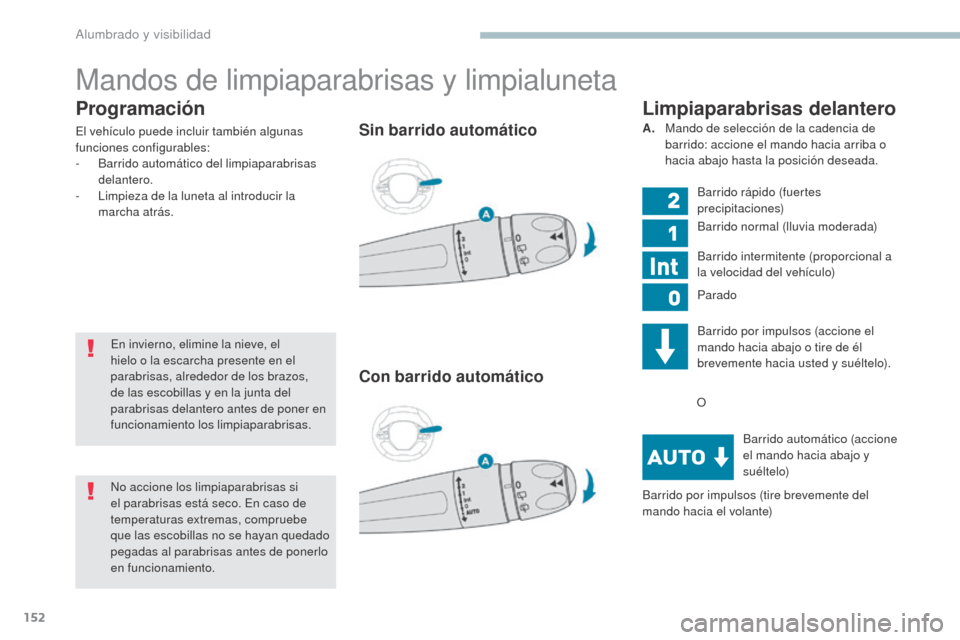 Peugeot 3008 Hybrid 4 2017 Manual del propietario (in Spanish) 152
3008-2_es_Chap04_eclairage-et-visibilite_ed01-2016
Programación
El vehículo puede incluir también algunas
funciones configurables:
-
B
arrido automático del limpiaparabrisas
delantero.
-
Peugeot 3008 Hybrid 4 2017 Manual del propietario (in Spanish) 152
3008-2_es_Chap04_eclairage-et-visibilite_ed01-2016
Programación
El vehículo puede incluir también algunas
funciones configurables:
-
B
arrido automático del limpiaparabrisas
delantero.
-
