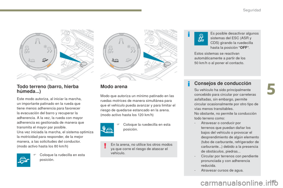 Peugeot 3008 Hybrid 4 2017 Manual del propietario (in Spanish) 165
3008-2_es_Chap05_securite_ed01-2016
Todo terreno (barro, hierba
húmeda...)
Este modo autoriza, al iniciar la marcha,
un importante patinado en la rueda que
tiene menos adherencia para favorece Peugeot 3008 Hybrid 4 2017 Manual del propietario (in Spanish) 165
3008-2_es_Chap05_securite_ed01-2016
Todo terreno (barro, hierba
húmeda...)
Este modo autoriza, al iniciar la marcha,
un importante patinado en la rueda que
tiene menos adherencia para favorece
