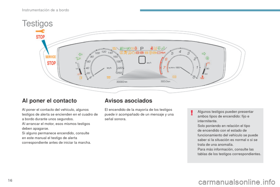 Peugeot 3008 Hybrid 4 2017  Manual del propietario (in Spanish) 16
3008-2_es_Chap01_instruments-de-bord_ed01-2016
Testigos
Al poner el contacto
Al poner el contacto del vehículo, algunos 
testigos de alerta se encienden en el cuadro de 
a bordo durante unos segun