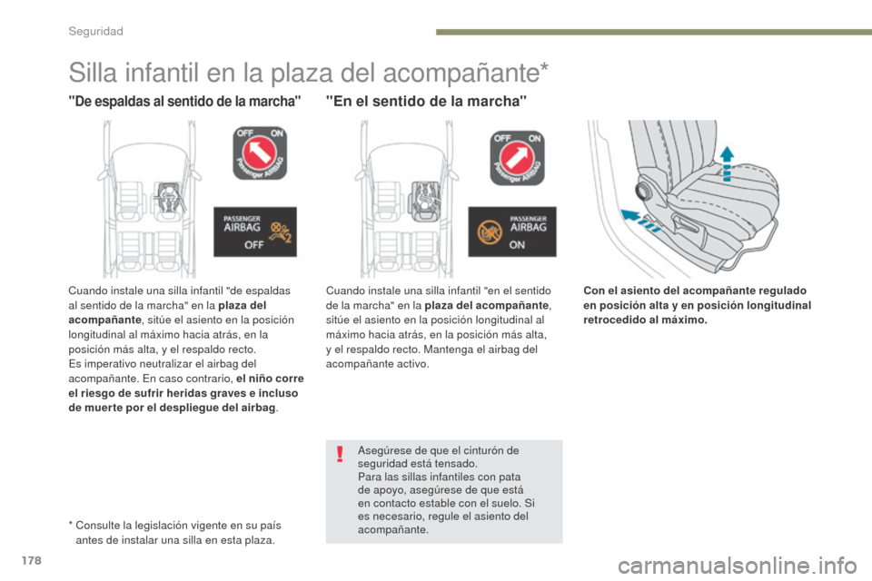 Peugeot 3008 Hybrid 4 2017 Manual del propietario (in Spanish) 178
3008-2_es_Chap05_securite_ed01-2016
Con el asiento del acompañante regulado
en posición alta y en posición longitudinal
retrocedido al máximo.
Silla infantil en la plaza del acompañante*
"D Peugeot 3008 Hybrid 4 2017 Manual del propietario (in Spanish) 178
3008-2_es_Chap05_securite_ed01-2016
Con el asiento del acompañante regulado
en posición alta y en posición longitudinal
retrocedido al máximo.
Silla infantil en la plaza del acompañante*
"D