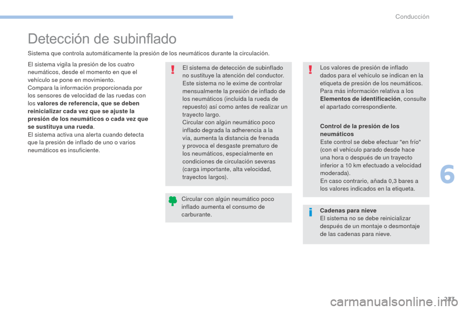 Peugeot 3008 Hybrid 4 2017 Manual del propietario (in Spanish) 223
3008-2_es_Chap06_conduite_ed01-2016
Detección de subinflado
Sistema que controla automáticamente la presión de los neumáticos durante la circulación.El sistema de detección de subinflado
no Peugeot 3008 Hybrid 4 2017 Manual del propietario (in Spanish) 223
3008-2_es_Chap06_conduite_ed01-2016
Detección de subinflado
Sistema que controla automáticamente la presión de los neumáticos durante la circulación.El sistema de detección de subinflado
no
