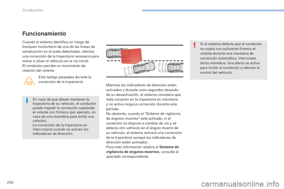 Peugeot 3008 Hybrid 4 2017 Manual del propietario (in Spanish) 256
3008-2_es_Chap06_conduite_ed01-2016
Mientras los indicadores de dirección estén
activados y durante unos segundos después
de su desactivación, el sistema considera que
toda variación en la Peugeot 3008 Hybrid 4 2017 Manual del propietario (in Spanish) 256
3008-2_es_Chap06_conduite_ed01-2016
Mientras los indicadores de dirección estén
activados y durante unos segundos después
de su desactivación, el sistema considera que
toda variación en la