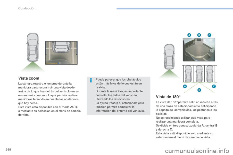 Peugeot 3008 Hybrid 4 2017 Manual del propietario (in Spanish) 268
3008-2_es_Chap06_conduite_ed01-2016
Vista zoom
La cámara registra el entorno durante la
maniobra para reconstruir una vista desde
arriba de lo que hay detrás del vehículo en su
entorno más Peugeot 3008 Hybrid 4 2017 Manual del propietario (in Spanish) 268
3008-2_es_Chap06_conduite_ed01-2016
Vista zoom
La cámara registra el entorno durante la
maniobra para reconstruir una vista desde
arriba de lo que hay detrás del vehículo en su
entorno más