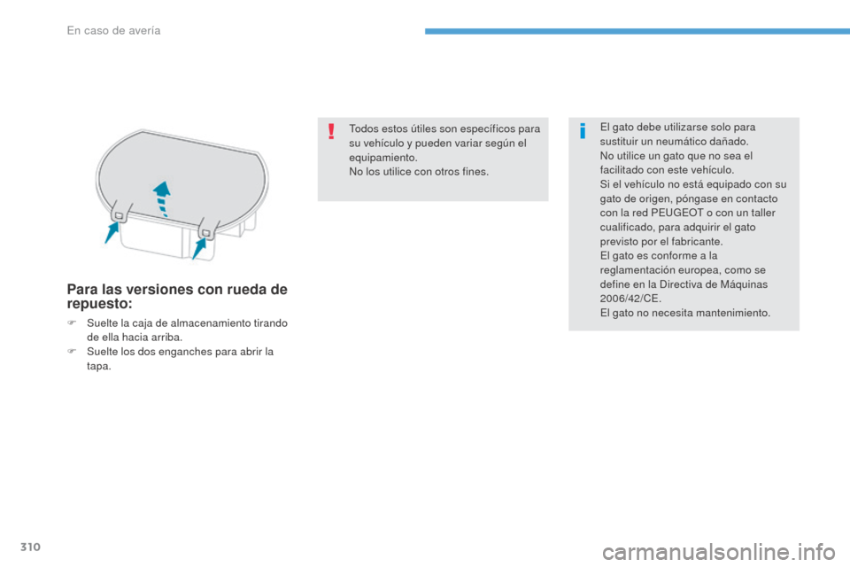 Peugeot 3008 Hybrid 4 2017  Manual del propietario (in Spanish) 310
3008-2_es_Chap08_en cas-de-panne_ed01-2016
Para las versiones con rueda de 
repuesto:
F Suelte la caja de almacenamiento tirando de ella hacia arriba.
F
 
S
 uelte los dos enganches para abrir la 