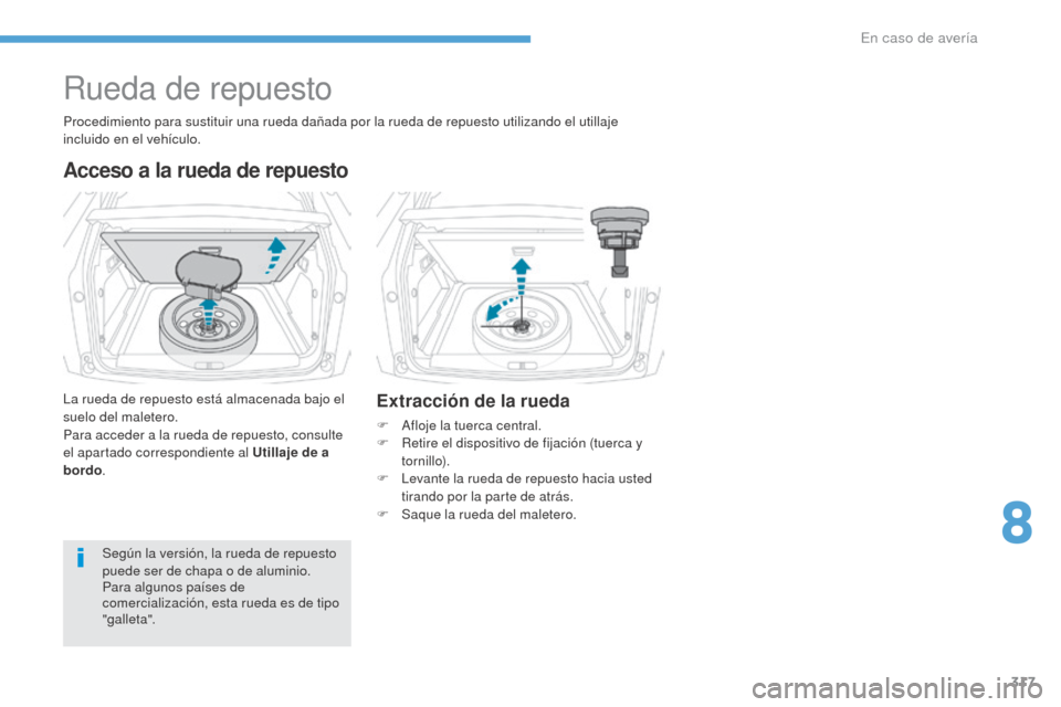 Peugeot 3008 Hybrid 4 2017  Manual del propietario (in Spanish) 317
3008-2_es_Chap08_en cas-de-panne_ed01-2016
Rueda de repuesto
Acceso a la rueda de repuesto
La rueda de repuesto está almacenada bajo el 
suelo del maletero.
Para acceder a la rueda de repuesto, c