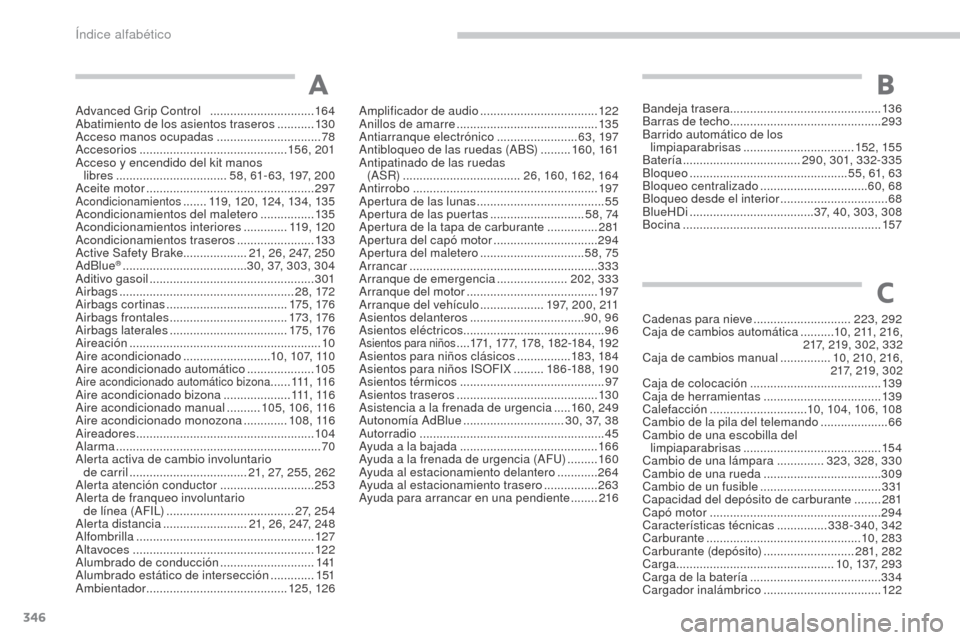 Peugeot 3008 Hybrid 4 2017  Manual del propietario (in Spanish) 346
3008-2_es_Chap11_index-alpha_ed01-2016
Advanced Grip Control   ...............................16 4
Abatimiento de los asientos traseros  ...........13 0
Acceso manos ocupadas
 

..................