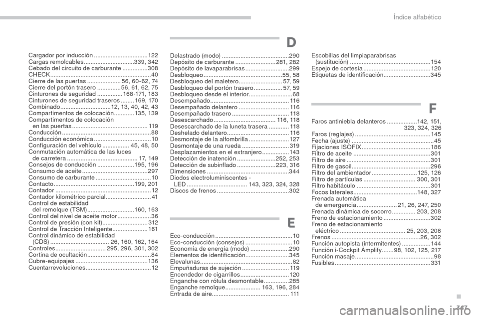 Peugeot 3008 Hybrid 4 2017  Manual del propietario (in Spanish) 347
3008-2_es_Chap11_index-alpha_ed01-2016
Delastrado (modo) ........................................ 290
Depósito de carburante  ........................281, 282
Depósito de lavaparabrisas
 

.....